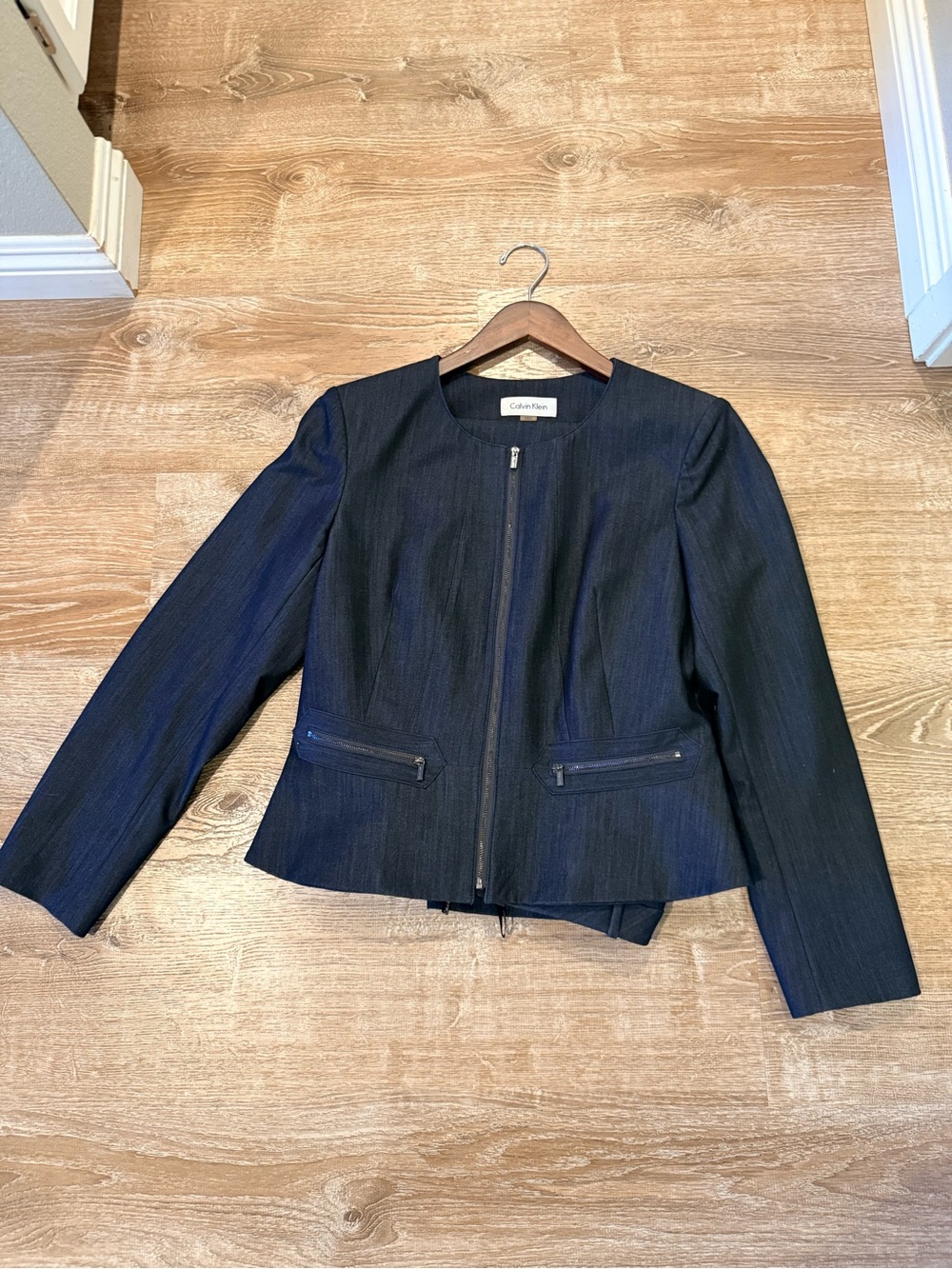 Calvin Klein Women's Navy Pinstripe Zip-Front Blazer